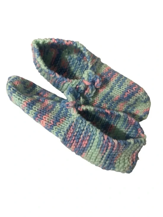Handmade Kids Knit Slippers in Pastel Blue, Pink & Green size 4 - Picture 1 of 4